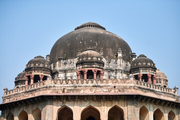 Muhammad Shah tomb in New Delhi Lodhi garden, India, ancient indian building mausoleum of Muhammad Shah with eight chhatri and gigantic dome, beautiful indian domed architecture temple