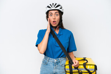 Young caucasian woman with thermal backpack isolated on white background with surprise and shocked facial expression