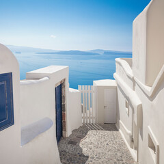 Greece, Santorini island, Oia. Conceptual background, white architecture of a narrow street....