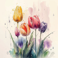 Spring tulips flower watercolor.