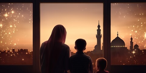 The family at the window looks at the Islamic city with the skyline of the mosque, the crescent moon and the stars.