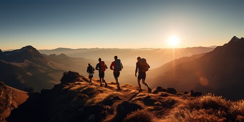 Group of runners running on top of a mountain range
