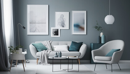 White sofa and blue armchair in living room with posters on the wall, generative ai