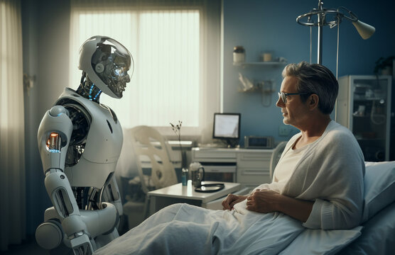 Robot Assisting Patient In Modern Hospital Room. Future Of Healthcare. Ideal For Medical Technology Articles, Presentations