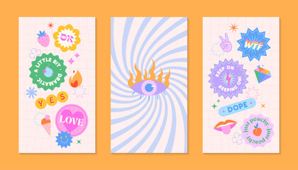Vector insta story templates with patches and stickers in 90s style.Smm banners in y2k aesthetic with spiral background.Funky designs for social media marketing,branding,packaging