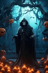 The image of Death or Grim reaper in the forest. Halloween concept. Background with selective focus and copy space