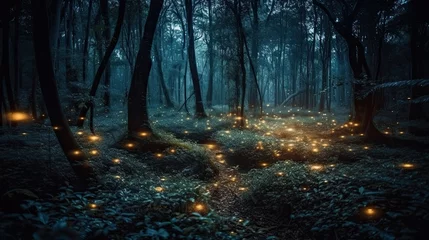 Tuinposter fireflies in night forest © neirfy