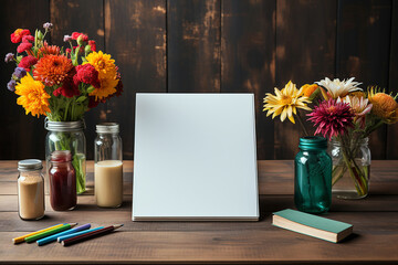 Mockup of blank notepad with flowers in vase on wooden background