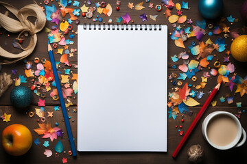 Blank notepad with cup of coffee and colorful confetti on wooden table