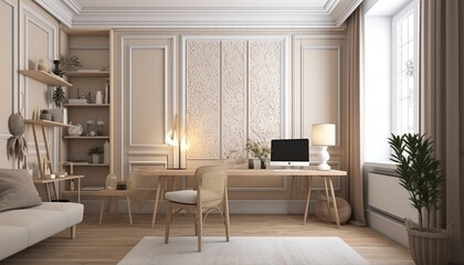 Fototapeta premium 3d rendering interior of cozy living room. Remote working and work from home as an office is a new business trend. Home office is a safe place to work. generative a