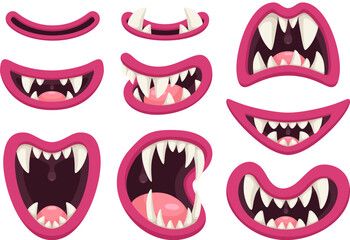 Cartoon monster toothed mouths collection. Vector illustration isolated on white background. For Halloween and other design.