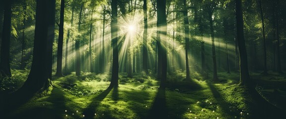 green forest width tropical plants, sunrays, summertime. Generative AI