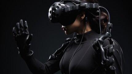 Fototapeta na wymiar A captivating arrangement of a VR haptic suit, gloves, and headset. Generative AI