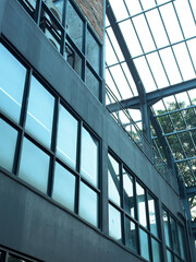 A building with a black H-beam steel frame, combined with red bricks against a backdrop of blue sky