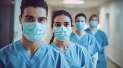 Multicultural medical team wearing mask and scrubs