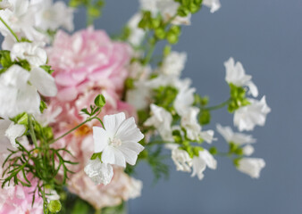 Bouquet of pink peonies in the interior. Close up carnation flower in another flower background. Pink cloves flowers .