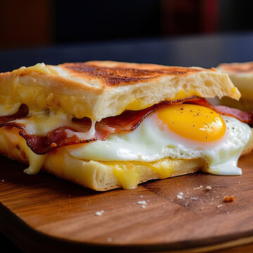 Bacon, fried egg, and cheese sandwich with dripping yolk created with Generative AI technology