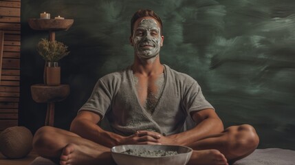 man with a clay facial mask in spa