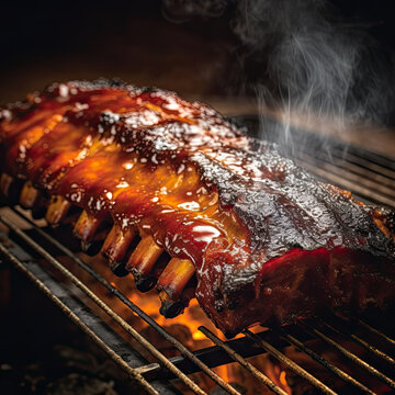 Barbecue glazed ribs on a open flame grill with smoke rising created with Generative AI technology