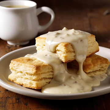 Biscuits and white gravy on a plate created with Generative AI technology