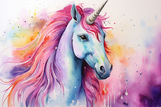 illustration of a portrait of a unicorn with watercolor paints with a multi-colored mane, a colorful drawing for a cover for children