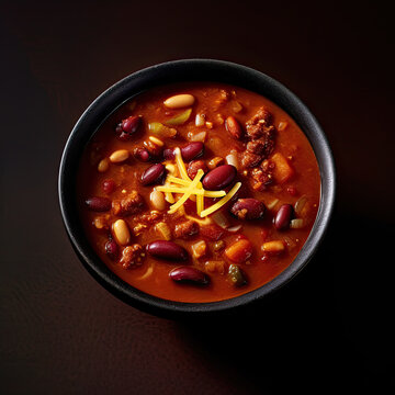 Perfect bowl of chili with beans top above view created with Generative AI technology