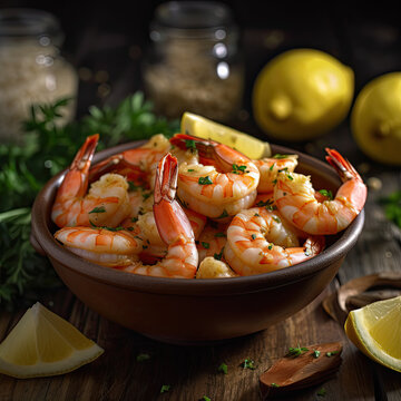 Bowl of shrimp with butter and lemon created with Generative AI technology