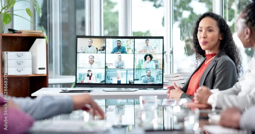 Aufkleber video call, conference and office greeting online on computer screen with company group. professiona