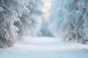 beautiful New Year's white winter background with snow-covered fir trees in the forest close-up and a path between them, bokeh and space for text - obrazy, fototapety, plakaty