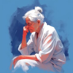 White old woman in thinking and doubts oil painted illustration. Female character with dreamy face on abstract background. Ai generated acrylic canvas bright poster.