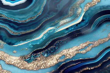 Golden and blue acrylic color liquid ink swirl abstract background with ravishing turbulence wavy pattern and detailed texture by Generative AI.