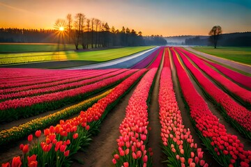 tulip field at sunset Generated Ai