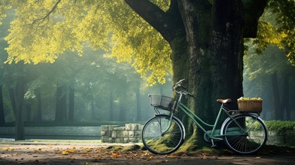A bicycle leaning against a tree in an urban park, symbolizing emission-free transportation. Generative AI