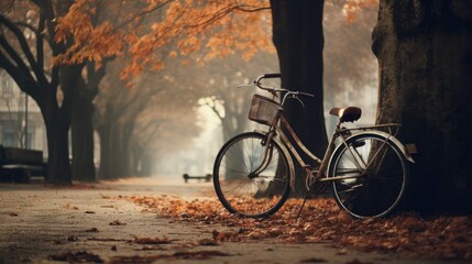 Fototapeta na wymiar A bicycle leaning against a tree in an urban park, symbolizing emission-free transportation. Generative AI