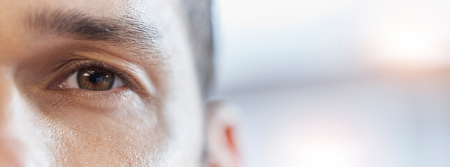 Closeup eye, portrait and a man with mockup for vision, healthcare and banner of contact lens....