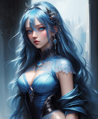 Very beautiful girl with blue hair and blue eyes. Blurred cold color background.