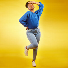 Fashion, faint and young black woman in casual jeans for style or clothing isolated in a studio...