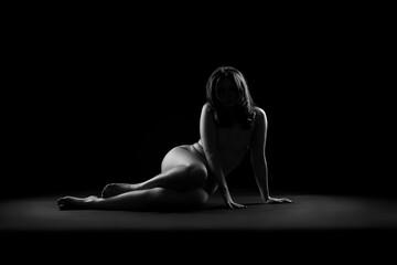 Art nude, perfect naked body, sexy young woman on dark background, black and white studio shot