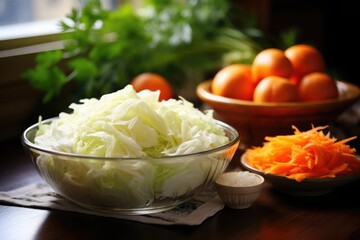 The cabbage is chopped and prepared to serve as a salad along with other healthy vegetables.