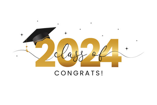Class of 2024, word lettering script banner. Congrats Graduation lettering with academic cap. Template for design party high school or college, graduate invitations.