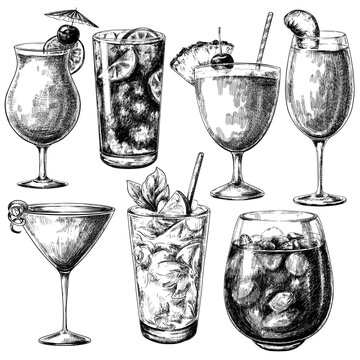Sketch ink graphic cocktails set illustration, draft silhouette drawing, black on white line art. Delicious vintage etching food design.