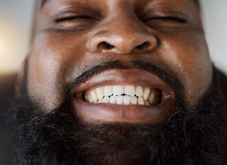 Black man, face and smile with teeth for dental care or hygiene against a studio background. Closeup of happy African male person in tooth whitening, oral or gum and mouth cleaning at the dentist