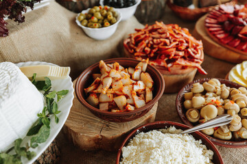 Cossack table in the best restaurants. Festive table at the wedding. National Ukrainian cuisine. Fat, sausages, alcohol. Catering.
