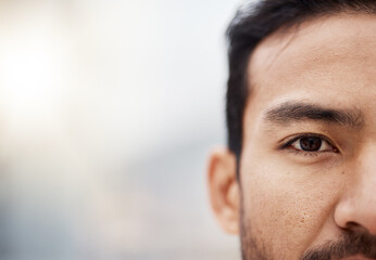 Human, eye and closeup portrait of man with mockup, background for advertising space or banner of Asian person Serious face and vision or focus for wellness, health and thinking of future in care - obrazy, fototapety, plakaty