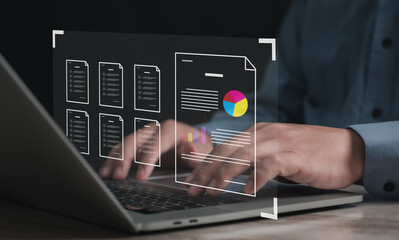 Concepts of practices and policies Company articles association forTerms and Conditions : Businessman using finger to select electronic document on a digital document in a virtual screen to read.	