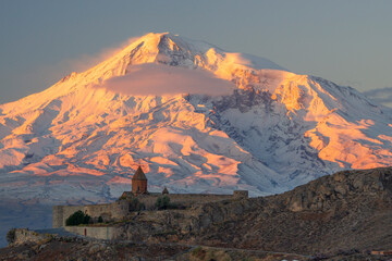 Armenia, iconic view at Khor Virap monastery at the foot of snowcapped Mount Ararat  