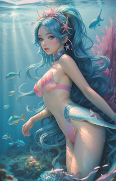 Mythical 3D image of beautiful little mermaid with blue eyes colorful long hair next to colorful corals under the sea
