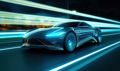 Speeding ultramarine futuristic concept car