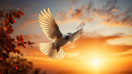 Fototapeta premium A dove carrying an olive branch, a timeless symbol of peace, flying against a vibrant sunset sky Generative AI