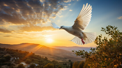 A dove carrying an olive branch, a timeless symbol of peace, flying against a vibrant sunset sky Generative AI